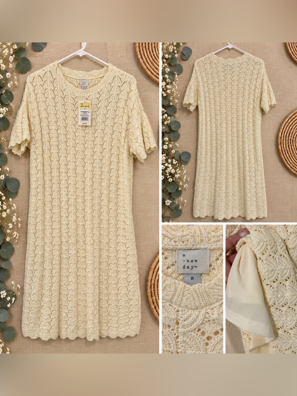 a new day Short Sleeve Sweater Dress Women'Small Cotton Mini Dress in Cream